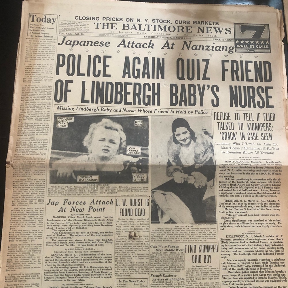 Original Lindbergh Baby Kidnapping News Paper